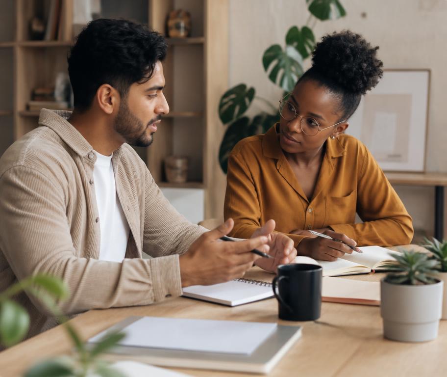 Dos profesionales colaborando en una mesa de trabajo con luz cálida